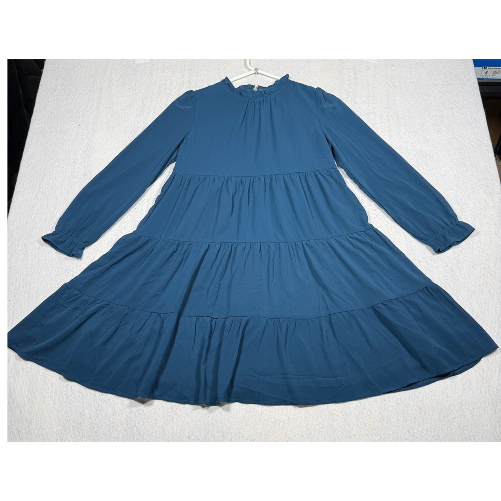 Arshiner Teal Blue Tiered Babydoll Dress Long Sleeve Ruffle Neck Size 150